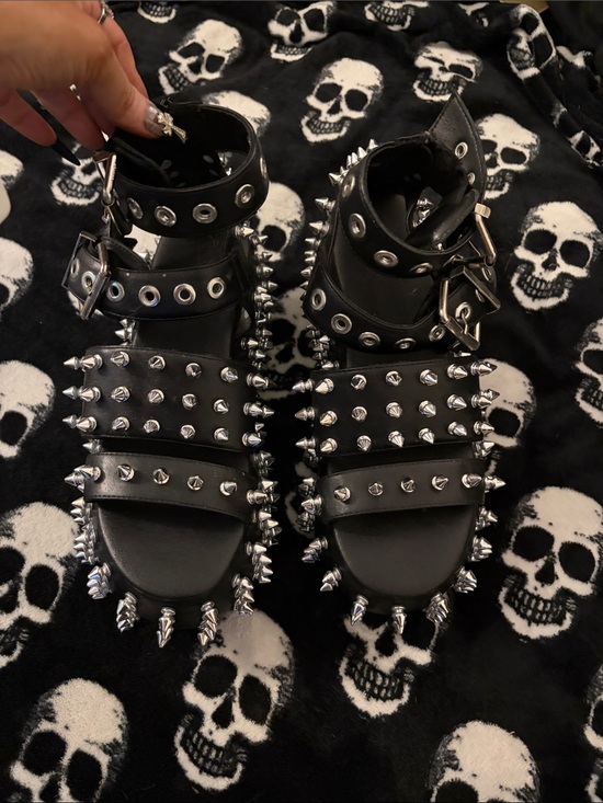 widow Shoes - Black Spiked Platform Sandals with Silver Studs